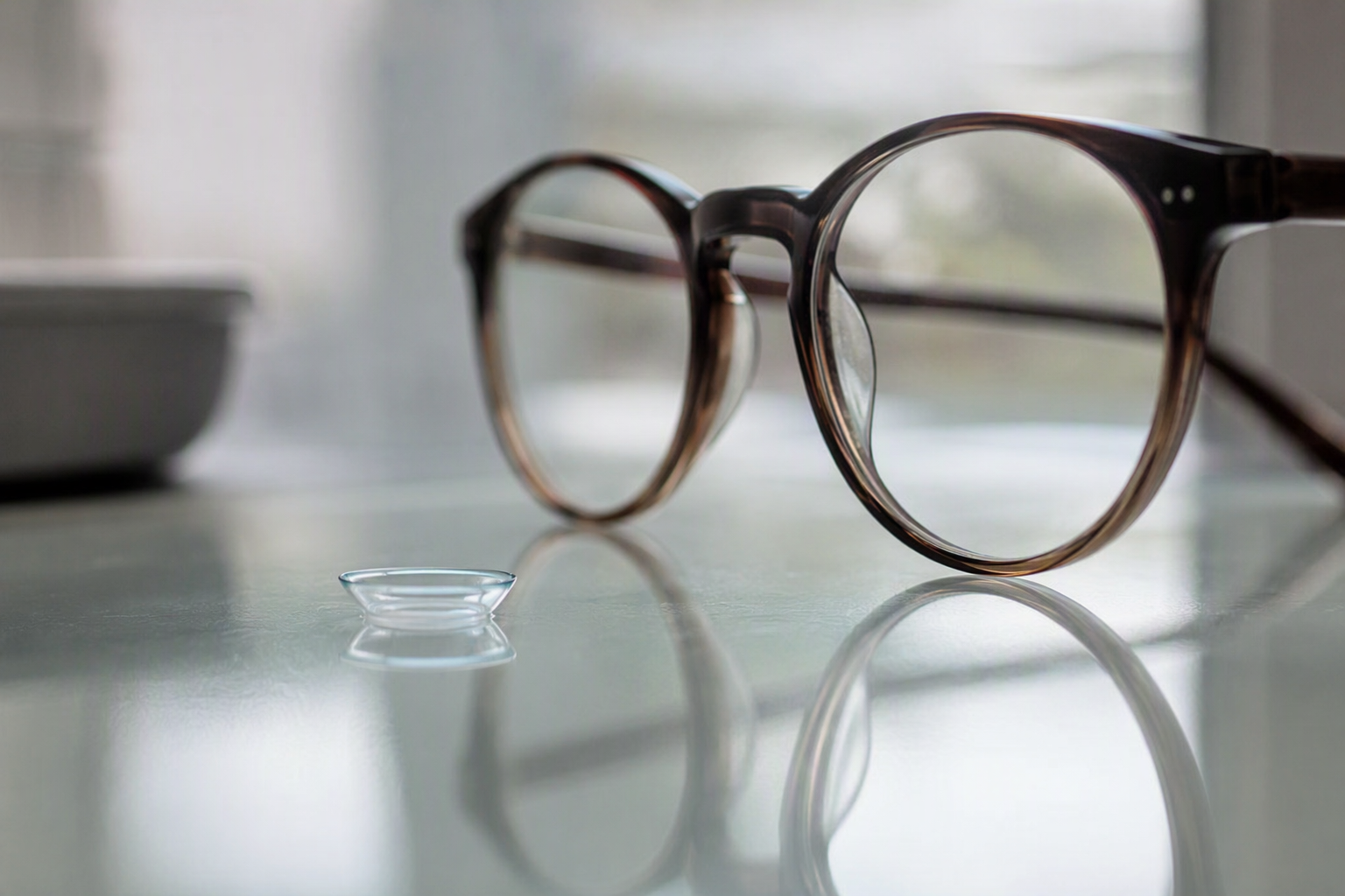 Eyeglasses and contact lens close-up